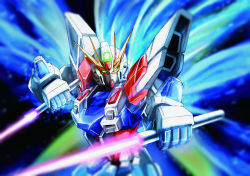 Rule 34 | beam saber, build strike gundam, clenched hands, close-up, dual wielding, energy wings, glowing, glowing eyes, green eyes, gundam, gundam build fighters, highres, holding, holding sword, holding weapon, looking at viewer, mecha, no humans, robot, solo, sunflower (tomodog422), sword, upper body, v-fin, weapon