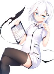 Rule 34 | 1girl, black thighhighs, blue eyes, blush, commentary request, hair between eyes, hair ornament, hairclip, highres, holding, jacket, looking at viewer, original, otokuyou, ringo-chan (otokuyou), short hair, simple background, solo, thighhighs, white background, white hair, white jacket