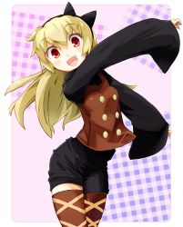 Rule 34 | 1girl, adapted costume, alternate costume, alternate hair length, alternate hairstyle, bad id, bad pixiv id, blonde hair, blush, boots, bow, checkered background, cowboy shot, fangs, hairband, kurodani yamame, long hair, long sleeves, looking at viewer, outstretched arms, pants, plaid, plaid background, purple background, red eyes, salamander (hop-step), salamander (id 8545264), shirt, shorts, simple background, solo, thighhighs, touhou, turtleneck, wide sleeves