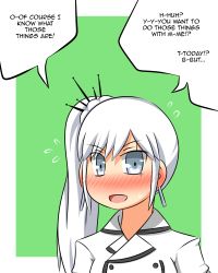 Rule 34 | 1girl, blue eyes, blush, earrings, english text, flying sweatdrops, green background, highres, jewelry, long hair, lunarisaileron, no nose, outside border, ponytail, rwby, simple background, solo, speech bubble, sweatdrop, weiss schnee, white hair