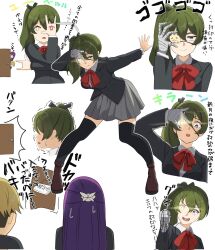 Rule 34 | 1boy, 2girls, arm up, bandaged arm, bandaged hand, bandages, black jacket, black thighhighs, bow, bowtie, brown footwear, chuunibyou, clenched hand, collared shirt, commentary request, contemporary, corrupted twitter file, door, eyepatch, fern (sousou no frieren), from side, glowing, glowing eye, green hair, highres, jacket, land (sousou no frieren), long hair, long sleeves, looking at another, multiple girls, multiple views, outstretched arm, purple eyes, red bow, red bowtie, school uniform, shirt, side ponytail, solo focus, sousou no frieren, thighhighs, translation request, ubel (sousou no frieren), wing collar, yami anko