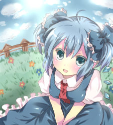 Rule 34 | 1girl, ahoge, alternate hairstyle, aqua eyes, aqua hair, bad id, bad pixiv id, blue eyes, blue hair, bow, cirno, colored eyelashes, dress, eyelashes, flower, hair bow, matching hair/eyes, meadow, mitsu yomogi, open mouth, short twintails, smile, solo, embodiment of scarlet devil, touhou, twintails, v arms