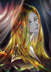 Rule 34 | 1other, androgynous, blonde hair, chrysoberyl (houseki no kuni), crystal, curtains, eyelashes, from side, highres, houseki no kuni, light smile, lips, long hair, looking at viewer, looking to the side, other focus, portrait, severed head, smile, straight hair, yellow eyes, yellow gemstone, ztjasper