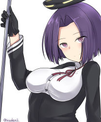 Rule 34 | 1girl, absurdres, breasts, glaive (polearm), gloves, halo, headgear, highres, kantai collection, kiritto, looking at viewer, mechanical halo, medium breasts, neck ribbon, polearm, purple eyes, purple hair, ribbon, school uniform, short hair, simple background, smile, solo, tatsuta (kancolle), twitter username, upper body, white background