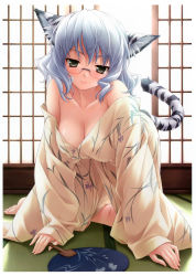 Rule 34 | 1girl, absurdres, all fours, animal ears, bare shoulders, barefoot, black eyes, breasts, cat ears, cat tail, cleavage, collarbone, hand fan, glasses, hashimoto takashi, highres, japanese clothes, kimono, large breasts, looking at viewer, off shoulder, original, paper fan, rimless eyewear, scan, seductive smile, short hair, silver hair, smile, solo, tail, tatami, tiger ears, tiger tail, uchiwa, yukata