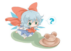 Rule 34 | 1girl, 1nenmono, ?, ahoge, ascot, barefoot, blue dress, blue hair, bow, chibi, cirno, dress, fairy wings, full body, green eyes, hair bow, hat, mini person, minigirl, outstretched arms, pyonta, short hair, simple background, solo, touhou, white background, wings