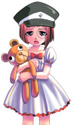 Rule 34 | 00s, 1girl, aged down, blue eyes, carrying, child, dress, forte stollen, galaxy angel, hat, holding, looking at viewer, monocle, open mouth, peaked cap, red hair, short dress, simple background, solo, stuffed animal, stuffed toy, tagme, teddy bear, white background