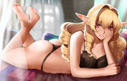 Rule 34 | 1girl, alternate breast size, ass, barefoot, black bra, black panties, blonde hair, bra, breasts, curtains, drill hair, elbow rest, elf, elinalise dragonroad, feet up, grin, hair between eyes, hand on own cheek, hand on own face, head rest, highres, kirani, large breasts, long hair, looking at viewer, lying, mushoku tensei, on stomach, panties, pillow, pointy ears, skindentation, smile, soles, solo, the pose, thong, underwear