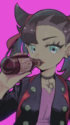 Rule 34 | 1girl, asymmetrical bangs, bad id, bad twitter id, black jacket, bottle, brown choker, choker, collarbone, commentary, creatures (company), dress, drinking, earrings, eyelashes, game freak, green eyes, hair ribbon, hand up, highres, holding, holding bottle, jacket, jewelry, looking at viewer, marnie (pokemon), nintendo, open clothes, open jacket, pokemon, pokemon swsh, purple background, purple dress, red ribbon, ribbon, simple background, solo, sukoyaka lion, twintails