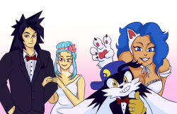 Rule 34 | animal ears, animal hands, black hair, blue eyes, blue hair, blue headwear, bow, bowtie, breasts, cabbit, capcom, cat ears, cat girl, cleavage, crossover, dragon ball, dragon ball gt, dress, felicia (vampire), flower, gloves, hair flower, hair ornament, jewelry, kaze no klonoa, klonoa, light blue hair, married, meta, multiple crossover, necklace, pink background, pointy ears, ring, ryouko (tenchi muyou!), smiley face, son goku, super saiyan, super saiyan 4, tenchi muyou!, thumbs up, vampire (game), wedding, wedding dress, wedding ring, yellow gloves