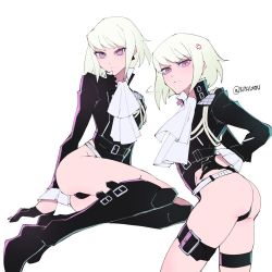 Rule 34 | 1boy, anger vein, ass, belt, biker clothes, black gloves, ascot, earrings, gloves, half gloves, jewelry, kyou (ningiou), leotard, lio fotia, looking at viewer, male focus, platinum blonde hair, promare, purple eyes, signature, solo, trap