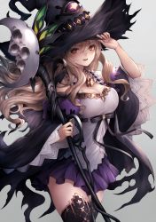 Rule 34 | 1girl, arm up, black coat, black hat, black thighhighs, blonde hair, breasts, cleavage, coat, cowboy shot, dorothy (shingeki no bahamut), fantasy, gold trim, grey background, hat, highres, holding, holding staff, large breasts, long hair, long sleeves, looking at viewer, md5 mismatch, miniskirt, off shoulder, open clothes, open coat, open mouth, orange eyes, purple skirt, resolution mismatch, shadowverse, shingeki no bahamut, shirt, skirt, sleeveless, sleeveless shirt, smile, snm (sunimi), solo, source smaller, staff, thighhighs, torn clothes, torn coat, white shirt, wide sleeves, witch, witch hat, zettai ryouiki