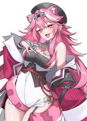 Rule 34 | 1girl, :d, black hat, breasts, cleavage, commentary request, fang, goggles, goggles on head, hat, highres, hololive, hololive english, jacket, large breasts, long hair, long sleeves, multicolored hair, open mouth, panther ears, panther girl, panther tail, pink hair, raora panthera, red jacket, simple background, smile, solo, streaked hair, teeth, thighs, upper teeth only, virtual youtuber, white background, white hair, yellow eyes, z.m. (zimin)