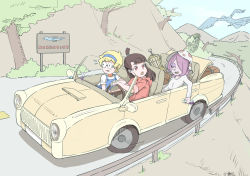 Rule 34 | 10s, 3girls, bad id, bad pixiv id, bird, blonde hair, blue eyes, brown hair, butterfly net, cage, car, driving, glasses, hair over one eye, hand net, hat, highres, kagari atsuko, little witch academia, long hair, lotte jansson, motor vehicle, multiple girls, pink hair, red eyes, sign, sucy manbavaran, tree, vehicle focus
