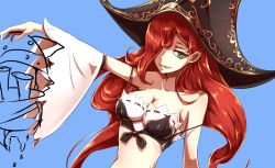 Rule 34 | 1girl, bare shoulders, beancurd, blue background, breasts, cleavage, detached sleeves, green eyes, hair over one eye, hat, league of legends, looking at viewer, miss fortune (league of legends), red hair, simple background, smile, solo