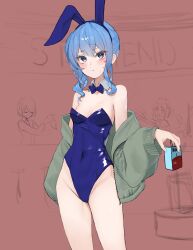 Rule 34 | 1girl, 3girls, absurdres, alternate costume, animal ears, apple juice, armpit crease, ayeon, bare shoulders, bartender, blue bow, blue bowtie, blue eyes, blue hair, blue hairband, blue leotard, blush, bow, bowtie, breasts, brown background, closed mouth, collarbone, commentary request, covered navel, detached collar, eyelashes, fake animal ears, feet out of frame, green jacket, hairband, highleg, highleg leotard, highres, holding, holding carton, hololive, hoshimachi suisei, jacket, juice, leotard, long sleeves, looking at viewer, medium hair, minato aqua, minato aqua (1st costume), multiple girls, off shoulder, open clothes, open jacket, oversized breast cup, playboy bunny, side ponytail, sidelocks, sketch background, small breasts, solo, sweatdrop, thighs, tokoyami towa, unzipped, virtual youtuber