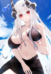 Rule 34 | 1girl, :d, absurdres, arknights, bare shoulders, bikini, black bikini, blue sky, breasts, cleavage, day, hair ornament, highres, horns, jewelry, large breasts, long hair, looking at viewer, material growth, mudrock (arknights), mudrock (silent night) (arknights), navel, necklace, official alternate costume, open mouth, oripathy lesion (arknights), outdoors, parted lips, pointy ears, red eyes, sarong, sky, smile, solo, swimsuit, unaligned breasts, very long hair, water, white hair, worimehl