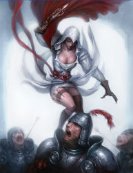 Rule 34 | 1girl, 3boys, armor, arrow (projectile), assassin&#039;s creed, assassin&#039;s creed (series), blade, boots, breasts, brown hair, cape, center opening, colamilk, concealed weapon, gender request, genderswap, gloves, guards, helmet, hood, injury, knife, large breasts, legs, multiple boys, open mouth, panties, pantyshot, robe, single thighhigh, thigh strap, thighhighs, thighs, underwear, upskirt, vambraces, weapon, white panties