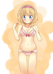 Rule 34 | 1girl, aiba kou, alice margatroid, blonde hair, blue eyes, blush, bow, bra, breasts, cleavage, female focus, hairband, heart, navel, open mouth, panties, short hair, solo, touhou, underwear, underwear only