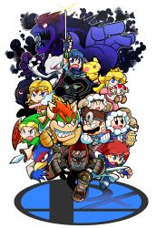 Rule 34 | 4girls, 6+boys, ^ ^, black eyes, blonde hair, blue eyes, blue hair, blush, blush stickers, bowser, brown hair, cape, closed eyes, company connection, crazy hand, creatures (company), crown, deku shield, dr. mario, dr. mario (game), dress, elbow gloves, falco lombardi, fangs, fire emblem, fire emblem: mystery of the emblem, fire emblem: the binding blade, fire emblem: the blazing blade, game &amp; watch, game freak, ganondorf, gen 1 pokemon, gen 2 pokemon, giga bowser, gloves, glowing, glowing eyes, grin, happy, held up, highres, ice climber, ice climbers, legendary pokemon, link, long hair, looking at another, looking away, mario, mario (series), marth (fire emblem), mewtwo, mr. game &amp; watch, multiple boys, multiple girls, nana (ice climber), nintendo, parka, pichu, pink dress, pink eyes, pokemon, pokemon (creature), popo (ice climber), princess, princess peach, princess zelda, puffy short sleeves, puffy sleeves, rariatto (ganguri), red hair, roy (fire emblem), shaded face, sharp teeth, sheik, shield, short hair, short sleeves, smash ball, smile, star fox, super smash bros., surprised, sword, teeth, the legend of zelda, the legend of zelda: ocarina of time, toad (mario), weapon, white background, white gloves, wooden shield, young link