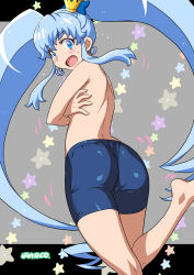 Rule 34 | 10s, 1girl, artist name, ass, bike shorts, blue eyes, blue hair, blush, covering privates, crown, cure princess, earrings, embarrassed, eyelashes, fang, hair ornament, hair ribbon, happinesscharge precure!, jewelry, joy ride, long hair, magical girl, matching hair/eyes, open mouth, precure, ribbon, shirayuki hime, shorts, signature, solo, topless, twintails, undressing