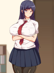 Rule 34 | 1girl, blue eyes, blue hair, blue skirt, blurry, blurry background, blush, bookshelf, breasts, closed mouth, collared shirt, cowboy shot, crossed arms, door, gitei wa shiranai gishi no chitai, highres, indoors, large breasts, legs, legs together, light blush, long hair, looking at viewer, necktie, original, pantyhose, red necktie, samurai (movemusic), school uniform, shirt, short sleeves, skirt, smile, solo, standing, thighs, white shirt