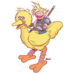 Rule 34 | 1boy, :d, big bird (sesame street), chocobo, cloud strife, colored skin, commentary, darren calvert, english commentary, final fantasy, final fantasy vii, full body, gloves, looking at viewer, open mouth, pink skin, reins, riding, sesame street, signature, simple background, smile, square enix, sword, sword behind back, weapon, white background