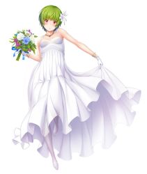 Rule 34 | 1girl, ange (taimanin asagi), bouquet, breasts, bride, dress, female focus, flower, full body, green hair, highres, holding, holding bouquet, holding clothes, holding dress, lilith-soft, nobushito kuro, plant, simple background, solo, standing, taimanin (series), taimanin asagi, taimanin rpgx, wedding dress, white background