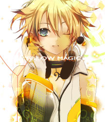Rule 34 | 1boy, blonde hair, blue eyes, choker, detached sleeves, earphones, headset, hekicha, jewelry, kagamine len, male focus, one eye closed, open mouth, pendant, sharing, shirt, short hair, smile, solo, vocaloid, vocaloid append, wink