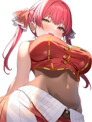 Rule 34 | 1girl, aa44, absurdres, blush, breasts, cropped jacket, from below, hair ribbon, heterochromia, highres, hololive, houshou marine, houshou marine (1st costume), large breasts, leotard, leotard under clothes, looking at viewer, looking down, open mouth, red eyes, red hair, red ribbon, ribbon, see-through, see-through leotard, skirt, sleeveless, sleeveless jacket, solo, twintails, white background, yellow eyes