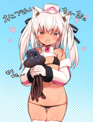 Rule 34 | 1girl, animal ears, bare shoulders, bikini, black bikini, black ribbon, breasts, cat ears, commentary request, covered erect nipples, creature, detached collar, detached sleeves, fang, gloves, groin, hair ribbon, highres, holding, holding creature, long sleeves, navel, open mouth, original, red eyes, ribbon, shimada fumikane, small breasts, solo, squid, swimsuit, tan, thighhighs, translation request, two side up, white gloves, white hair, white headwear, white thighhighs
