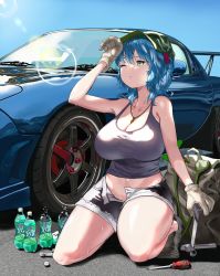 1girl, backpack, bag, bare arms, bare legs, bare shoulders, between breasts, black shorts, blue eyes, blue hair, blue sky, bottle, breasts, car, cleavage, closed mouth, collarbone, day, full body, gloves, green headwear, ground vehicle, hair bobbles, hair ornament, hat, highres, kawashiro nitori, key, kneeling, large breasts, lens flare, mazda rx-7, medium hair, midriff, motor vehicle, okbnkn, one eye closed, open fly, outdoors, pepsi, screwdriver, shoes, short shorts, shorts, sky, solo, sweat, tank top, touhou, white gloves, wrench
