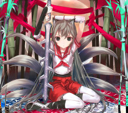 Rule 34 | 1girl, animal ears, bamboo, bamboo forest, fantasy, forest, fox ears, fox tail, kitsune, kyuubi, multiple tails, nature, original, school uniform, serafuku, solo, sword, tail, thighhighs, uni (plastic girl), weapon