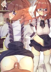 Rule 34 | 1boy, 1girl, absurdres, anal, ass, blunt bangs, blush, bookshelf, braid, breasts, brown hair, clothes lift, clothing aside, collared shirt, commission, cum, cum in ass, ejaculation, french braid, frilled skirt, frills, glasses, grey-framed eyewear, hair ribbon, heart, heart-shaped pupils, hetero, highres, large breasts, library, long hair, looking at viewer, looking back, miniskirt, nose blush, open mouth, original, over-rim eyewear, panties, panties aside, penis, pleated skirt, puffy short sleeves, puffy sleeves, purple eyes, purple skirt, ribbon, semi-rimless eyewear, sex, sex from behind, shirt, short sleeves, skeb commission, skirt, skirt lift, smile, standing, standing sex, suspender skirt, suspenders, sweat, symbol-shaped pupils, tananne, taut clothes, taut shirt, thighhighs, underwear, white panties, white ribbon, white shirt, white thighhighs, zettai ryouiki