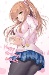 Rule 34 | 1girl, 2022, absurdres, ass, black pantyhose, blue skirt, blush, breasts, brown hair, commentary request, cowboy shot, dated, eyelashes, falling petals, floating hair, from behind, from below, hair between eyes, happy, happy birthday, heart, highres, himeno sena, hood, hood down, hoodie, koi kakeru shin-ai kanojo, large breasts, long hair, long sleeves, looking at viewer, looking back, miniskirt, ncontrail (mgax7527), open mouth, pantyhose, petals, pink hoodie, pleated skirt, sidelocks, simple background, skirt, slit pupils, solo, spoken heart, standing, two side up, white background, yellow eyes