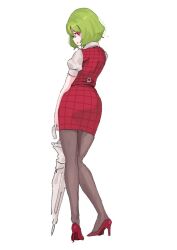 Rule 34 | 1girl, black pantyhose, from behind, full body, green hair, high heels, kazami yuuka, looking at viewer, looking back, open mouth, pantyhose, plaid, plaid skirt, plaid vest, red eyes, red footwear, red skirt, red vest, shirt, short hair, short sleeves, simple background, skirt, solo, standing, tohoyuukarin, touhou, umbrella, vest, white background, white shirt, white umbrella