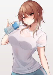 Rule 34 | 1girl, :o, absurdres, aketa mikoto, blue pants, blush, bottle, breasts, brown hair, highres, holding, holding bottle, idolmaster, idolmaster shiny colors, large breasts, looking at viewer, pants, pinky out, shirt, simple background, solo, ssrg srrg, sweat, track pants, water bottle, white background, white shirt