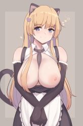 Rule 34 | 1girl, animal ears, between breasts, black gloves, black neckwear, blonde hair, blue eyes, blush, breasts, brown background, cat ears, cat girl, cat tail, closed mouth, earrings, elbow gloves, folait, gloves, hair ornament, heart, heart hair ornament, highres, jewelry, lactation, large breasts, long hair, looking at viewer, maid, nipples, original, smile, solo, tail, two-tone background
