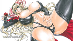 Rule 34 | 1girl, artist name, bare shoulders, bespectacled, black panties, black thighhighs, blonde hair, blue eyes, blush, breasts, cameltoe, clothing cutout, covered erect nipples, curvy, demon girl, demon horns, detached sleeves, end card, glasses, hairband, heart cutout, highres, horns, huge breasts, impossible clothes, inoue takuya, japanese text, linea alba, long hair, long sleeves, looking at viewer, lying, mammon (sin nanatsu no taizai), mammon (the seven deadly sins), mature female, navel, non-web source, official art, on back, panties, parted lips, pointy ears, revealing clothes, rimless eyewear, sin nanatsu no taizai, skull, solo, spread legs, stomach, sweat, the seven deadly sins, thighhighs, translated, underwear, very long hair