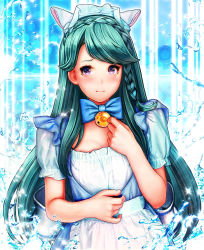 Rule 34 | 1girl, aqua hair, bell, blue eyes, braid, breasts, collar, collarbone, go! princess precure, highres, kaidou minami, long hair, looking at viewer, maid, md5 mismatch, mochisoldier, neck bell, precure, resolution mismatch, short sleeves, single braid, small breasts, solo, source smaller, splashing, upper body