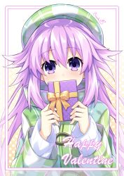 Rule 34 | 1girl, adult neptune, artist name, beret, binato lulu, blush, box, checkered clothes, checkered headwear, checkered jacket, choujigen game neptune, commentary request, covering own mouth, gift, gift box, hair between eyes, hair flaps, hat, holding, holding gift, jacket, long hair, long sleeves, looking at viewer, neptune (series), pink hair, purple eyes, purple hair, shin jigen game neptune vii, sidelocks, solo, sweater, upper body, valentine, white sweater