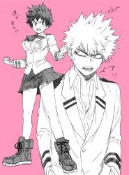 Rule 34 | 1boy, 1girl, bakugou katsuki, boku no hero academia, breasts, collarbone, commentary request, freckles, full body, genderswap, genderswap (mtf), hands in pockets, highres, jacket, large breasts, long sleeves, looking at viewer, midoriya izuku, mkm (mkm storage), monochrome, open mouth, pink background, pleated skirt, school uniform, shirt, shoes, short hair, simple background, skirt, spiked hair, surprised, teeth, translation request, u.a. school uniform, upper teeth only, v-shaped eyebrows