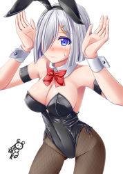 Rule 34 | 1girl, animal ears, armband, ayakase hotaru, black leotard, black pantyhose, blue eyes, bob cut, bow, bowtie, breasts, cleavage, cowboy shot, detached collar, fake animal ears, fishnet pantyhose, fishnets, gluteal fold, hair over one eye, hamakaze (kancolle), highres, kantai collection, large breasts, leotard, pantyhose, playboy bunny, rabbit ears, rabbit pose, red bow, red bowtie, short hair, silver hair, simple background, solo, strapless, strapless leotard, white background, wrist cuffs