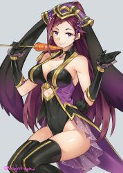 Rule 34 | 1girl, alternate costume, animal ears, bare shoulders, black gloves, black leotard, braid, breasts, carrot, cleavage, closed mouth, commentary, earrings, fake animal ears, fire emblem, fire emblem heroes, food, ge-b, gloves, grey background, hair ornament, hat, highres, holding, holding food, jewelry, large breasts, leotard, lips, loki (fire emblem), long hair, looking at viewer, nintendo, playboy bunny, purple eyes, purple hair, rabbit ears, smile, solo, thighhighs, thighs