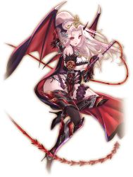 Rule 34 | 1girl, artist request, bat wings, black gloves, black thighhighs, breasts, cape, demon girl, demon wings, fingerless gloves, full body, gloves, gyakushuu no fantasica, head wings, huge breasts, long hair, official art, pink hair, pointy ears, ponytail, red eyes, solo, thighhighs, tiara, transparent background, underboob, vambraces, whip, wings