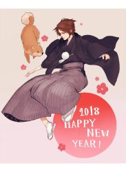 Rule 34 | 1boy, ankle socks, blue eyes, brown hair, clothing request, dated, dog, english text, expressionless, falling, final fantasy, final fantasy viii, floating, flower, hakama, hakama pants, happy new year, highres, japanese clothes, long sleeves, male focus, new year, nini tw99, pants, parted lips, red flower, sandals, scar, scar on face, scar on forehead, shiba inu, short hair, socks, solo, squall leonhart, white footwear, white socks, zouri
