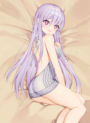 Rule 34 | 1girl, absurdres, armpit crease, ass, backless outfit, bad id, bad pixiv id, bare arms, bare back, bare legs, bare shoulders, bed sheet, blush, breasts, commentary, commission, embarrassed, fang, feet out of frame, hair between eyes, head tilt, highres, light purple hair, long hair, looking at viewer, looking to the side, lying, medium breasts, meme attire, on side, open mouth, original, purple eyes, ribbed sweater, sidelocks, sleeveless, sleeveless turtleneck, solo, star-shaped pupils, star (symbol), sweater, symbol-shaped pupils, thighs, topu, turtleneck, turtleneck sweater, virgin killer sweater, wavy mouth