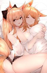 Rule 34 | 2girls, :p, absurdres, animal ear fluff, animal ears, arknights, aunt and niece, bare shoulders, bed sheet, black bow, black panties, blemishine (arknights), blonde hair, blush, bow, breast press, breasts, brown eyes, closed eyes, closed mouth, collarbone, hair bow, heart, highres, horse ears, horse girl, horse tail, hug, hug from behind, incest, lace, lace-trimmed panties, lace trim, large breasts, long hair, long sleeves, looking at viewer, lying, multiple girls, hugging object, off shoulder, on bed, on side, panties, pillow, pillow hug, samip, shirt, sleeping, smile, swept bangs, tail, tongue, tongue out, underwear, very long hair, whislash (arknights), white shirt, yuri