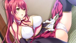 Rule 34 | 1girl, bare shoulders, black legwear, blush, breasts, censored, cleavage, female focus, game cg, japanese clothes, large breasts, legs, long hair, looking away, lying, mosaic censoring, on back, open mouth, panties, ponytail, red hair, sengoku hime, sengoku hime 6, skirt, solo, spread legs, thighs, underwear, white panties, yellow eyes