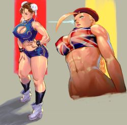 Rule 34 | 2girls, abs, ahoge, alternate costume, antenna hair, bare shoulders, beret, black legwear, blonde hair, blue shorts, boots, bracelet, braid, breasts, brown eyes, brown hair, bun cover, cammy white, capcom, chinese clothes, chun-li, cleavage, cleavage cutout, clothing cutout, crop top, double bun, earrings, covered erect nipples, fingernails, from below, garrison cap, green eyes, hand on own hip, hand on own thigh, hat, high heel boots, high heels, huge ahoge, jewelry, large breasts, multiple girls, muscular, navel, pink lips, rejean dubois, shirt, short shorts, shorts, single braid, sleeveless, sleeveless shirt, spiked bracelet, spikes, stomach, street fighter, thick thighs, thighs, white footwear